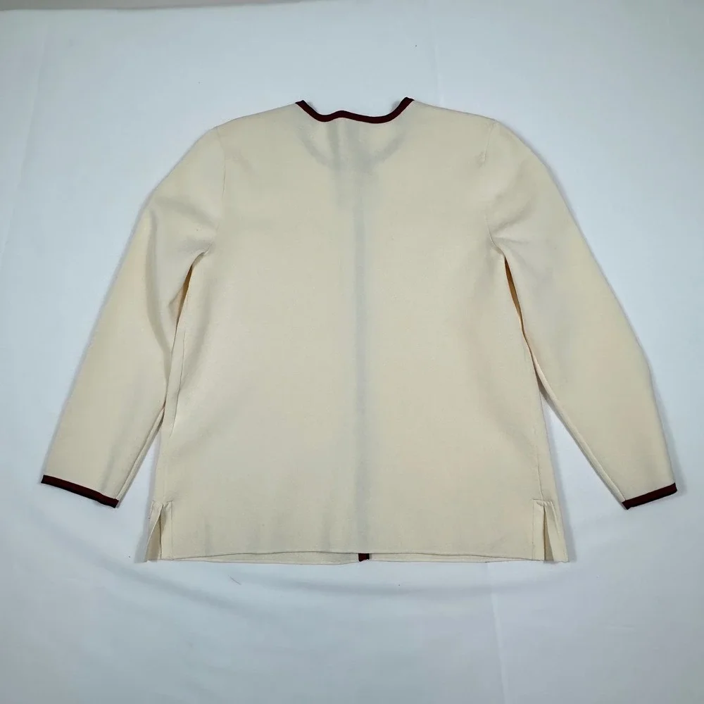 Anne Klein Cream Knit‎ Cardigan Burgundy Trim Gold Lion Button Lady Jacket Small